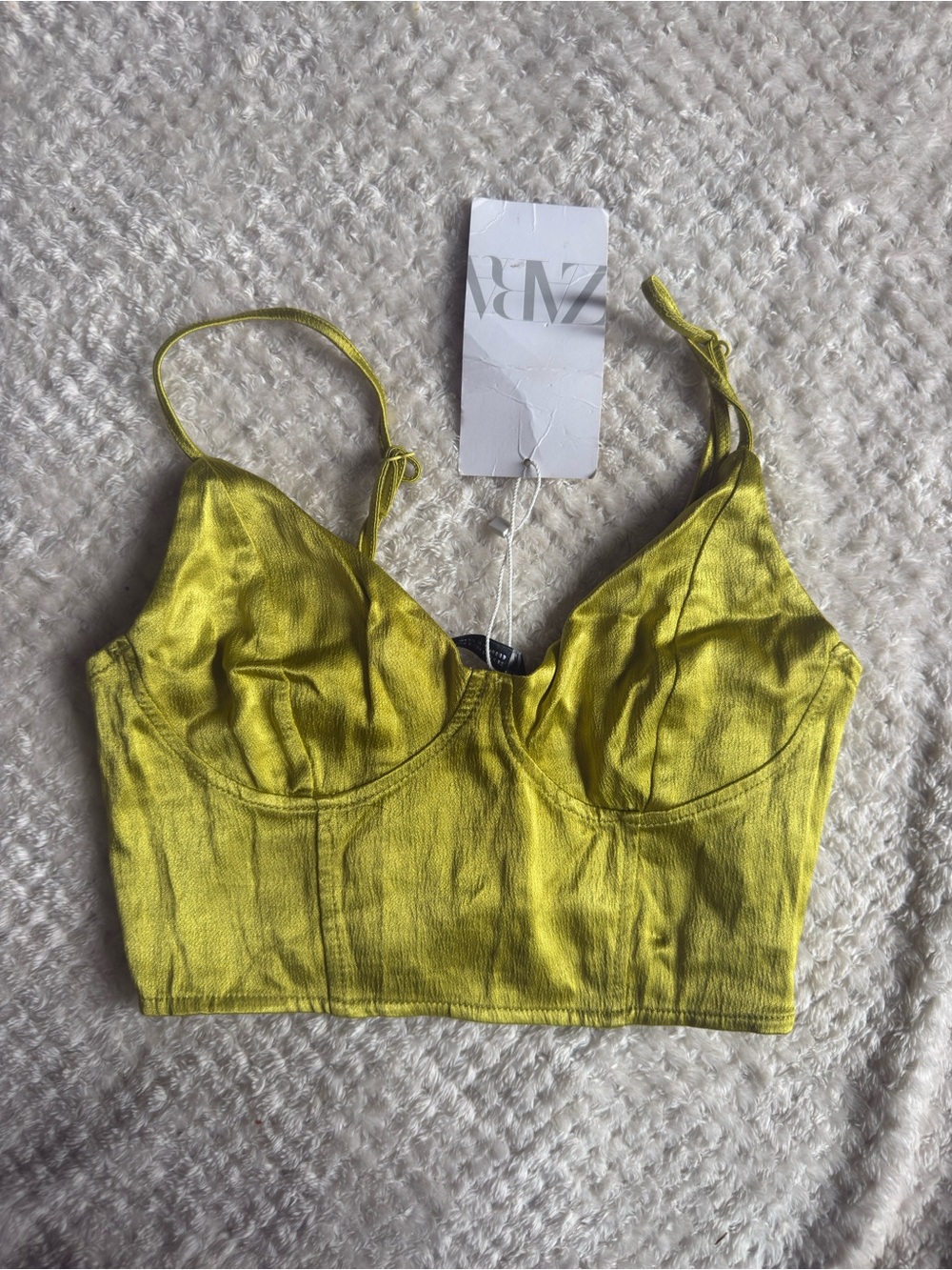 Zara Bright Shimmery Chartreuse Satin Bustier Crop Top NOTE**